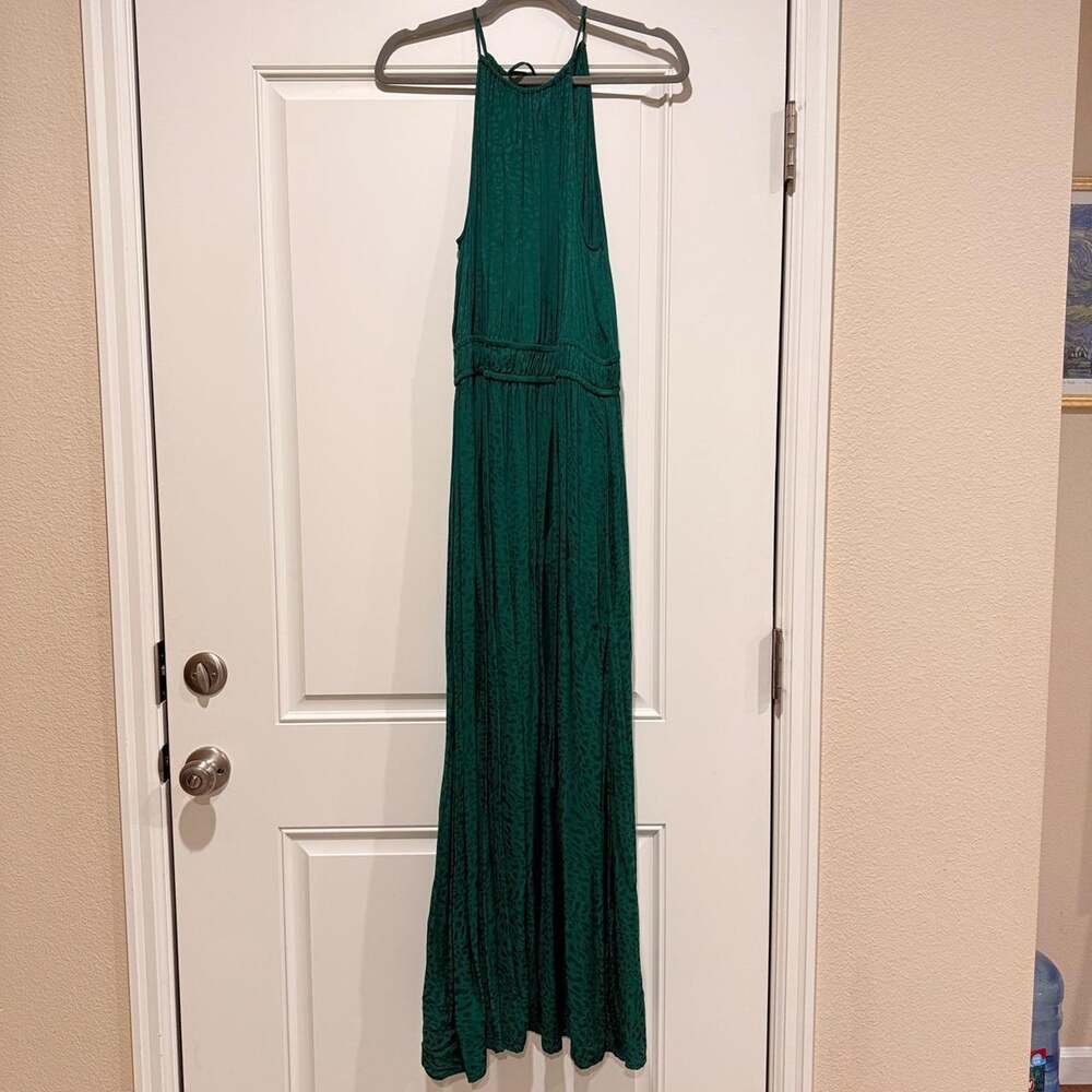 Loft Emerald Green Leopard Jacquard Halter Neck Pleated Maxi Dress Size 8